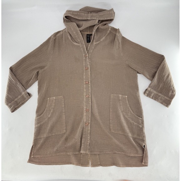 Focus Casual Life Taupe Brown Waffle Hoodie Pockets Size L Coverup Lagen Hippie - Picture 3 of 11
